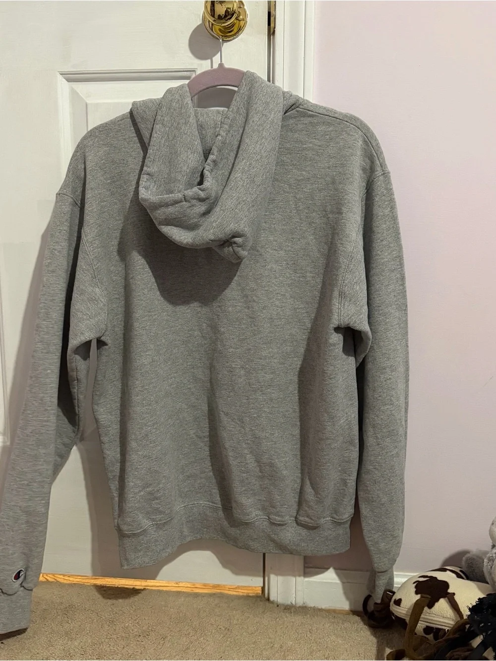 Champion Gray Hooded Sweatshirt with Purple and Gold University Lettering